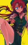  1girl bangs braid breasts fua_yuu hat highres hong_meiling large_breasts leg_up long_hair looking_at_viewer one-hour_drawing_challenge parted_bangs redhead short_sleeves simple_background solo thighs touhou twin_braids yellow_background 