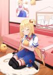  1girl absurdres akai_haato anhun bangs bed bedroom blonde_hair blurry carpet closed_eyes commentary depth_of_field haaton_(akai_haato) hair_ornament hair_ribbon heart heart_hair_ornament highres hololive letter long_hair poster_(object) pov ribbon seiza sitting smile solo thigh-highs virtual_youtuber 