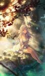  1girl arm_tattoo barefoot blurry blurry_foreground bug butterfly caustics dress fantasy grey_eyes head_wings light light_rays log long_hair looking_at_viewer original parted_lips saeldam sitting solo sunbeam sunlight tattoo water white_dress white_hair white_wings wings 