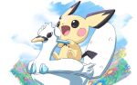  :d clouds commentary_request day flower from_below happy holding mukiguri no_humans open_mouth outdoors pichu pokemon pokemon_(creature) sitting sky smile solo swanna themed_object tongue 