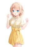  1girl :o bangs blonde_hair blue_eyes blush collared_shirt hands_up highres leepy looking_at_viewer open_mouth original pleated_skirt shirt short_hair short_sleeves simple_background skirt solo standing white_background white_shirt yellow_skirt 