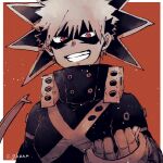  1boy adcalcium bakugou_katsuki black_mask blonde_hair boku_no_hero_academia border commentary_request eye_mask grin high_collar looking_at_viewer male_focus red_background red_eyes short_hair simple_background smile solo spiky_hair teeth white_border 