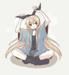  1girl alternate_costume black_socks blonde_hair blush cocax_x collarbone full_body grey_background grey_eyes hair_between_eyes highres kantai_collection long_hair open_clothes open_mouth shimakaze_(kancolle) short_sleeves simple_background socks solo twitter_username wide_sleeves 