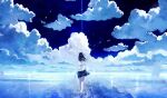  1girl artist_request bare_legs barefoot black_hair clouds from_behind full_body long_hair non-web_source original road ruins shirt short_sleeves skirt sky source_request tagme wading walking water white_shirt 