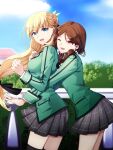  2girls agnes_claudel black_ribbon blonde_hair blue_eyes brown_hair eiyuu_densetsu green_jacket highres hug hug_from_behind jacket kuro_no_kiseki long_hair multiple_girls odette_(kuro_no_kiseki) one_eye_closed pink_eyes plaid plaid_skirt ribbon school_uniform short_hair short_twintails skirt sun_trial thigh-highs twintails 