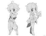  2boys :o ahoge bangs bodysuit boots chibi chongyun_(genshin_impact) closed_mouth earrings fingerless_gloves flower food frilled_sleeves frills full_body genshin_impact gloves greyscale hair_flaps highres holding holding_flower homare_(g_hmr88) jewelry long_sleeves looking_at_viewer male_focus monochrome multiple_boys open_mouth popsicle shorts signature simple_background single_earring tassel vision_(genshin_impact) xingqiu_(genshin_impact) 