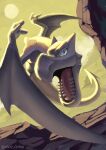  absurdres aerodactyl blue_eyes chiha_bobobo clouds highres looking_at_viewer monster no_humans open_mouth pokemon pokemon_(creature) rock scales sky sun sunlight tail teeth tongue twitter_username wings 