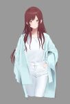  1girl :o absurdres coat collarbone cropped_legs green_coat grey_background highres idolmaster idolmaster_shiny_colors long_hair looking_at_viewer osaki_amana pants redhead shirt simple_background sketch solo straight_hair very_long_hair white_pants white_shirt yellow_eyes yu1127_illust 