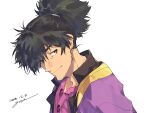  1boy black_hair blue_eyes coat dated facial_hair goya_(xalbino) long_hair looking_at_viewer male_focus ponytail purple_shirt raven_(tales) shirt signature smile solo stubble tales_of_(series) tales_of_vesperia tan white_background 