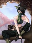  1girl absurdres akali arm_tattoo black_hair breasts crop_top dagger dangling elbow_on_knee elbow_rest green_mask green_pants green_ribbon green_shirt hair_ribbon head_rest highres hip_vent holding holding_dagger holding_weapon in_tree knife kunai league_of_legends mask midriff mouth_mask navel ninja ninja_mask outdoors pants ponytail red_eyes ribbon rope_belt scroll shirt sitting sky sleeveless sleeveless_shirt small_breasts solo stomach tattoo tree weapon yoomix 
