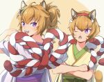  2girls :&lt; :3 ahoge animal_ears bangs bow braid braided_ponytail cat_ears cat_girl cat_tail commentary_request crossed_arms crossed_bangs facial_mark fangs fire_emblem fire_emblem_heroes from_behind green_bow green_kimono green_sash hair_between_eyes hair_ornament hairband hand_up japanese_clothes kimono layered_clothes layered_kimono lethe_(fire_emblem) looking_at_another looking_at_viewer looking_to_the_side lyre_(fire_emblem) medium_hair multiple_girls obi official_alternate_costume one_eye_closed open_mouth orange_hair orange_tail outline partial_commentary purple_kimono red_hairband rope rowan rowan_hair_ornament sash short_hair siblings sideways_glance simple_background single_braid sisters smile tail tail_raised teeth tekology two-tone_background upper_body upper_teeth violet_eyes whisker_markings white_background white_outline yellow_background 