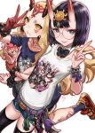  2girls b.c.n.y. bare_legs black_thighhighs blonde_hair blue_shirt blush bodypaint casual character_name curly_hair detached_collar expressionless facepaint fate/grand_order fate_(series) food food_on_face glasses grin hair_between_horns highres holding holding_food horns ibaraki_douji_(fate) locked_arms long_hair looking_at_viewer medium_hair multiple_girls oni oni_horns print_shirt purple_hair shirt short_shorts shorts shuten_douji_(fate) smile staring thigh-highs v very_long_hair violet_eyes w_over_eye white_shirt yellow_eyes 