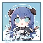  1girl :o arknights artist_name black_jacket blue_background blue_eyes blue_hair blush border chibi demon_horns detached_wings energy_wings fur-trimmed_jacket fur_trim gloves halo hands_up horns jacket long_hair mostima_(arknights) renren sample_watermark simple_background solo sparkle star_(symbol) upper_body white_border white_gloves wings 