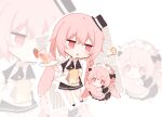  1boy ? animal_ears ansel_(arknights) apron arknights black_bow black_dress black_footwear black_headwear black_necktie bow carrot chibi cup dress floppy_ears hair_bow hat holding holding_plate jitome maid maid_headdress male_focus mini_hat necktie open_mouth otoko_no_ko pink_eyes plate puffy_short_sleeves puffy_sleeves rabbit_boy rabbit_ears renren shoes short_hair short_sleeves simple_background standing white_apron white_background 