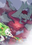  1boy 1girl aatrox abs absurdres artist_name biceps clouds colored_skin creature demon demon_wings flying fog green_eyes green_hair highres horns hyuko_wong league_of_legends long_hair looking_to_the_side lulu_(league_of_legends) muscular muscular_male pectorals red_eyes red_skin scar scar_on_chest shoes shoulder_pads staff star_(symbol) star_guardian_(league_of_legends) star_guardian_lulu wings 