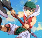  1boy 91007 axe battle_axe boyd_(fire_emblem) child commentary_request fire_emblem fire_emblem:_path_of_radiance fire_emblem_heroes green_eyes green_hair holding holding_axe holding_weapon hood looking_at_viewer male_child male_focus shorts solo symbol-only_commentary tongue tongue_out weapon younger 