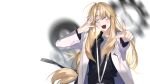  1boy bishounen black_ribbon blonde_hair blue_eyes blurry blurry_background blush coat gears hair_between_eyes hair_ribbon highres labcoat lanyard long_hair lower_teeth male_focus nykim0915 open_clothes open_coat open_mouth original otoko_no_ko pointing pointing_at_viewer ribbon solo teeth tongue white_coat 