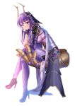  1girl armor crossed_legs genshin_impact hair_ornament headgear highres hungz joints long_hair looking_at_viewer mechanical_arms mechanical_legs purple_hair raiden_shogun robot robot_joints shoulder_armor simple_background solo white_background 
