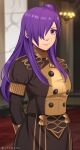  1girl bangs closed_mouth fire_emblem fire_emblem:_three_houses fire_emblem_warriors:_three_hopes garreg_mach_monastery_uniform hair_bun hair_over_one_eye highres long_hair looking_at_viewer namu_(112namu) purple_hair school_uniform shez_(fire_emblem) shez_(fire_emblem)_(female) simple_background single_hair_bun skirt smile solo violet_eyes 