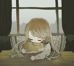  1girl animal brown_hair closed_eyes curtains grey_sky highres holding holding_animal indoors long_hair long_sleeves original rabbit rain sakutake_(ue3sayu) sitting sky sleeping window 