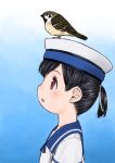  1girl animal_on_head bangs bird bird_on_head black_hair blue_sailor_collar dress from_side gradient gradient_background harukaze_unipo hat kantai_collection nisshin_(kancolle) on_head parted_lips ponytail profile red_eyes sailor_collar sailor_dress sailor_hat short_ponytail simple_background solo white_dress white_headwear 