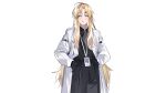  1boy bishounen blonde_hair blue_eyes closed_mouth coat hair_between_eyes hands_in_pockets highres id_card lanyard long_hair male_focus mouth_hold nykim0915 open_clothes open_coat original simple_background solo white_background white_coat 