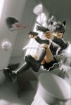  1boy animal_ears bishounen black_hair blood blurry blurry_background bowl cat_boy cat_ears commentary_request dual_wielding fake_animal_ears full_body gun handgun highres holding indoors ishida_(segu_ishida) jumping maid male_focus mouse original shoes short_hair shorts solo table tablecloth thigh-highs thigh_gap thigh_strap thighs weapon yellow_eyes 