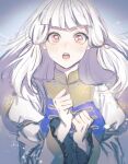  1girl bangs black_t_t blush closed_mouth dress fire_emblem fire_emblem:_three_houses fire_emblem_warriors:_three_hopes hair_ornament long_hair long_sleeves looking_at_viewer lysithea_von_ordelia official_alternate_costume official_alternate_hairstyle open_mouth pink_eyes simple_background solo upper_body white_hair 