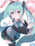  1girl aqua_eyes aqua_hair baba_kirika bangs bare_shoulders blush detached_sleeves hair_ornament hatsune_miku headphones highres long_hair miniskirt necktie skirt thigh-highs twintails very_long_hair vocaloid zettai_ryouiki 