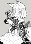  1girl animal_ear_fluff animal_ears apron ar-15 assault_rifle bangs blush collared_dress dress frilled_apron frills glasses greyscale gun holding holding_gun holding_weapon long_sleeves looking_at_viewer matsuda_kouta monochrome original parted_lips rifle round_eyewear scope short_eyebrows short_hair solo tail thick_eyebrows trigger_discipline weapon 