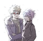  2boys atou_haruki black_sweater blonde_hair blue_jacket coat commentary_request crossed_arms earrings fur-trimmed_jacket fur_trim green_scarf grey_coat grey_shirt grin highres jacket jewelry korean_commentary male_focus multiple_boys open_clothes open_jacket purple_hair rectangular_eyewear red_eyes saibou_shinkyoku scarf shirt short_hair smile sukihome sweater theodore_riddle turtleneck turtleneck_sweater upper_body white_background 