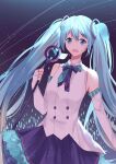  1girl absurdres ascot bangs bare_shoulders blue_eyes blue_hair chinese_commentary commentary_request dress elbow_gloves gloves hair_ornament hatsune_miku highres holding holding_microphone long_hair looking_at_viewer magical_mirai_(vocaloid) magimirai_miku magimirai_miku_(2017) microphone multicolored_clothes multicolored_dress music neko_tls open_mouth singing solo stage standing twintails upper_body very_long_hair vocaloid white_gloves 