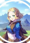  1girl arms_behind_back bangs blonde_hair blue_tunic braid breasts cape cat_princess clouds cloudy_sky green_eyes hair_ornament hairclip high_collar laughing looking_at_viewer medium_breasts mountain open_mouth outdoors parted_bangs pointy_ears princess_zelda puffy_sleeves shirt short_hair sky smile solo teeth the_legend_of_zelda the_legend_of_zelda:_breath_of_the_wild upper_body upper_teeth white_shirt 