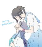  1kudamo1 2girls :d :o bangs black_hair blue_hair blue_neckerchief blue_sailor_collar blue_skirt blush closed_eyes hands_on_another&#039;s_face hands_up happy_birthday hibike!_euphonium kasaki_nozomi kitauji_high_school_uniform leaning_forward liz_to_aoi_tori long_hair looking_down looking_up multiple_girls neckerchief open_mouth pleated_skirt ponytail sailor_collar school_uniform serafuku shirt short_sleeves sitting skirt smile standing watch white_shirt yoroizuka_mizore 