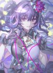  1girl asahina_mafuyu bangs collar dress flower gloves hair_flower hair_ornament high_ponytail holding jewelry lace long_hair looking_at_viewer necklace nurse official_alternate_costume open_mouth plant por_(_por_tt) project_sekai purple_hair smile standing string vines violet_eyes 