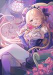  1girl blonde_hair crossed_legs dress eyepatch fischl_(ein_immernachtstraum)_(genshin_impact) fischl_(genshin_impact) flower genshin_impact highres long_hair looking_at_viewer open_mouth pink_eyes rose sitting smile solo tatonxry thigh-highs throne very_long_hair 