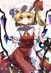  1girl bangs blonde_hair blush budou_zerii_98yen closed_mouth collared_shirt commentary_request crystal flandre_scarlet frilled_shirt_collar frills hair_between_eyes hand_up hat hat_ribbon highres holding long_hair mob_cap one_side_up puffy_short_sleeves puffy_sleeves red_eyes red_ribbon red_skirt red_vest ribbon shirt short_sleeves skirt skirt_set smile solo touhou vest white_headwear white_shirt wings 