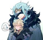  1boy 1girl absurdres animal aqua_hair bangs bird black_mask closed_eyes coat dottore_(genshin_impact) eye_mask flower fur-trimmed_coat fur_trim genshin_impact grey_coat hair_between_eyes hair_flower hair_ornament hetero highres kradebii lumine_(genshin_impact) mask simple_background twitter_username upper_body white_background white_flower 