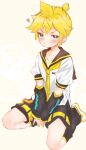  1boy :i arm_warmers bass_clef between_legs black_sailor_collar black_shorts blonde_hair blue_eyes blush collarbone commentary hand_between_legs highres kagamine_len leg_warmers looking_at_viewer male_focus necktie pout sailor_collar sat00e school_uniform seiza shirt short_ponytail short_sleeves shorts sitting solo spiky_hair squiggle v-shaped_eyebrows vocaloid white_shirt yellow_background yellow_nails yellow_necktie 