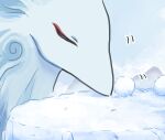 black_horns blue_fur closed_eyes ganyu_(genshin_impact) ganyu_(qilin)_(genshin_impact) genshin_impact highres horns mountain mountainous_horizon no_humans outdoors qilin_(mythology) snow snowball snowman xinzoruo 