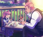  1boy 1girl :d blush brother_and_sister child closed_eyes cup dress fire_emblem fire_emblem:_three_houses fire_emblem_warriors:_three_hopes hilda_valentine_goneril holst_sigiswald_goneril long_sleeves lopuii outdoors saucer siblings smile tea tea_party teacup teapot tiered_tray younger 