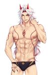 1boy abs arataki_itto black_nails bracelet genshin_impact highres horns jewelry male_focus medium_hair muscular muscular_male navel nipples oni oni_horns pale_skin pants red_eyes red_horns rourouki smile spiked_bracelet spikes sweat sweatdrop swimsuit tattoo toned toned_male water_drop white_background white_hair 