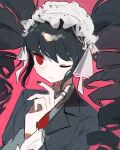  1girl bangs black_hair black_jacket black_nails celestia_ludenberg closed_mouth danganronpa:_trigger_happy_havoc danganronpa_(series) drill_hair hair_twirling hairband haru_(ririne9999rine) jacket lolita_hairband long_hair long_sleeves nail_polish one_eye_closed pink_background red_eyes sidelocks simple_background solo twin_drills upper_body white_hairband 