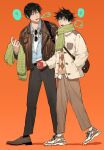 2boys ? anger_vein argyle argyle_sweater bag bangs black_hair black_pants brown_footwear brown_pants coffee_mug cup eyewear_around_neck father_and_son full_body fur-trimmed_jacket fur_trim fushiguro_megumi fushiguro_touji green_eyes green_scarf hair_between_eyes highres holding holding_clothes holding_scarf jacket jujutsu_kaisen leather leather_jacket li_chestnuts looking_at_another male_focus mug multiple_boys open_clothes open_jacket open_mouth orange_background pants scar scar_on_face scar_on_mouth scarf shirt shoes short_hair simple_background sneakers socks spiky_hair spoken_anger_vein spoken_question_mark sweater symbol-only_commentary talking walking winter winter_clothes 
