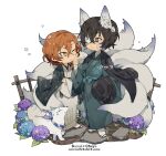  1boy alternate_costume alternate_eye_color animal_ears aqua_kimono bandaged_arm bandages bandaid bandaid_on_cheek bandaid_on_face blue_flower brown_eyes brown_hair bungou_stray_dogs chibi dazai_osamu_(bungou_stray_dogs) eyepatch flower fox fox_boy fox_ears fox_tail full_body japanese_clothes kimono kimono_on_shoulders kiragera long_hair long_sleeves male_focus nakahara_chuuya one_eye_closed purple_flower short_hair standing tail wide_sleeves wisteria yellow_eyes 