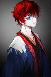  1boy amagi_hiiro bangs blue_eyes ensemble_stars! grey_background japanese_clothes kimono light_particles light_smile long_sleeves looking_at_viewer male_focus parted_lips redhead short_hair snake937 solo upper_body vest 