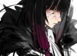  1girl bangs black_hair closed_eyes coat damslette_(genshin_impact) eyelashes fur-trimmed_coat fur_trim genshin_impact kuma_meshigaumai long_hair mask multicolored_hair portrait redhead simple_background sketch solo white_background white_mask 