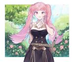  1girl ascot bangs belt belt_buckle blue_sky blunt_bangs border breasts brown_belt buckle buttons day fire_emblem fire_emblem:_three_houses flower garreg_mach_monastery_uniform highres hilda_valentine_goneril large_breasts long_hair looking_at_viewer nature open_mouth outdoors outside_border petals pink_eyes pink_flower pink_hair pink_rose plant rose sky sleeves_rolled_up smile solo sqamt_0029 sword twintails uniform upper_body weapon white_ascot white_border 