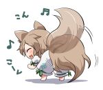 1girl afterimage animal_ears barefoot beamed_sixteenth_notes blush closed_eyes eighth_note fox_ears fox_tail green_ribbon kudamaki_tsukasa light_brown_hair motion_lines musical_note open_mouth ribbon rokugou_daisuke romper short_hair short_sleeves signature simple_background smile solo tail tail_wagging touhou white_background white_romper