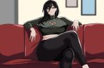  1girl black_eyes black_hair breasts closed_mouth couch crossed_legs earrings hair_between_eyes hella_p indoors jewelry large_breasts long_hair looking_at_viewer midriff mole mole_under_mouth necklace on_couch original sitting solo thighs 